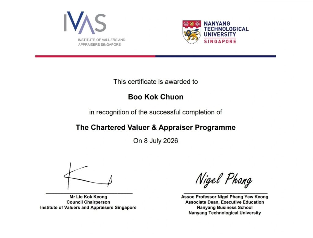 Certificate awarded to Boo Kok Chuon for successful completion of the Chartered Valuer & Appraiser Programme and conferment of the Associate Chartered Valuer and Appraiser designation
