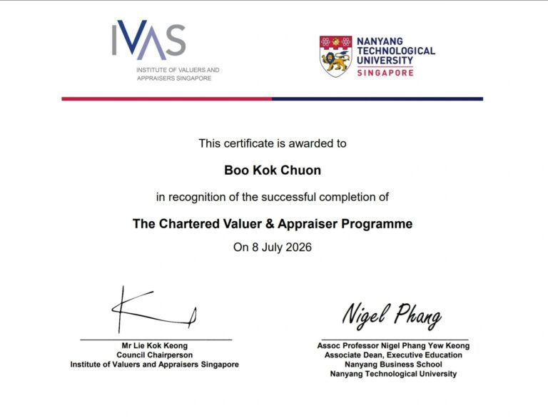 Certificate awarded to Boo Kok Chuon for successful completion of the Chartered Valuer & Appraiser Programme and conferment of the Associate Chartered Valuer and Appraiser designation